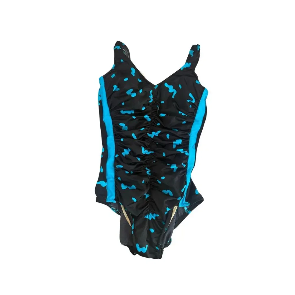 Vintage Maxine of Hollywood Swimsuit Size 14 Black Turquoise Ruched One Piece